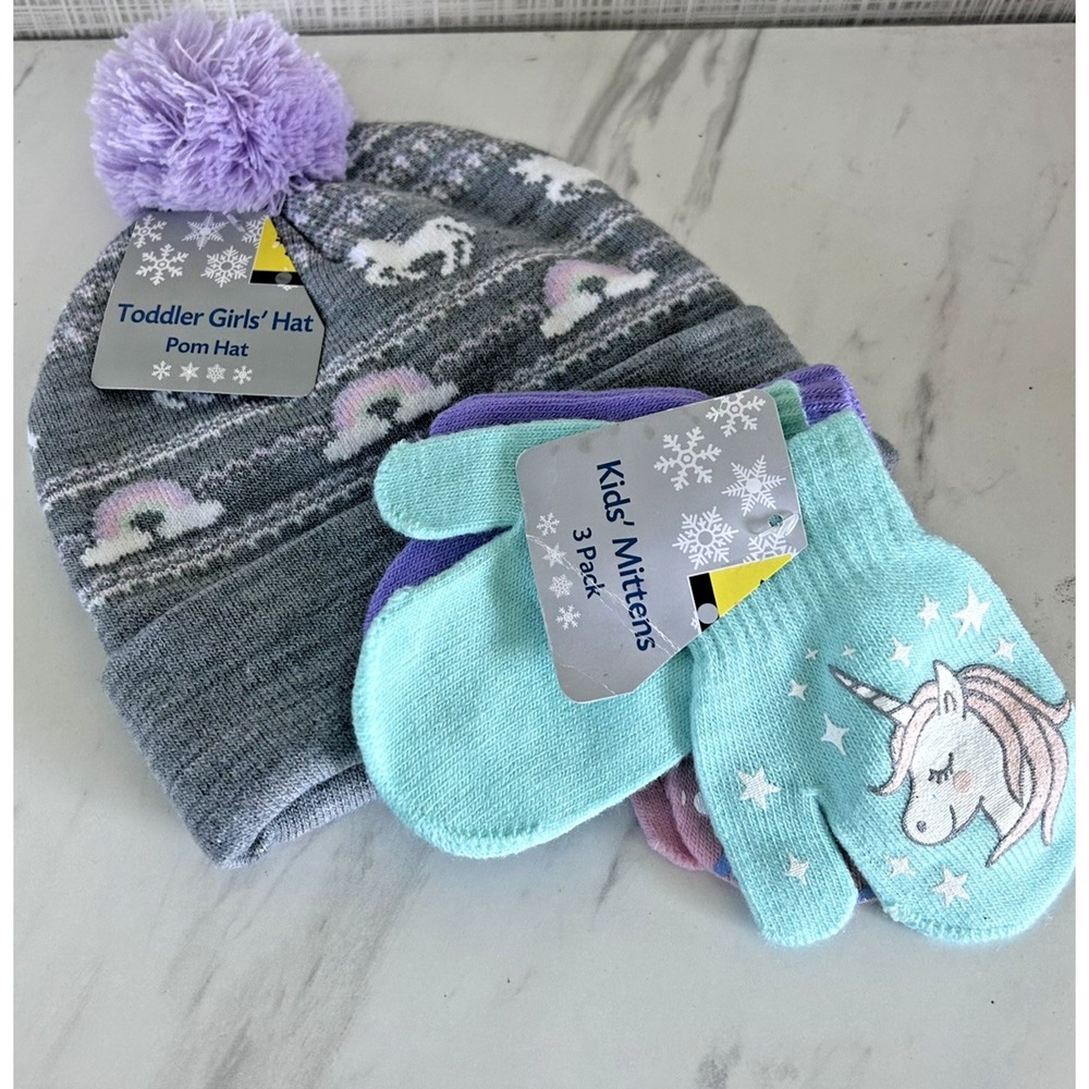 Toddler Pompom Beanie & 3 sets of Mittens Pastel Green Purple Pink Gray New! BxV